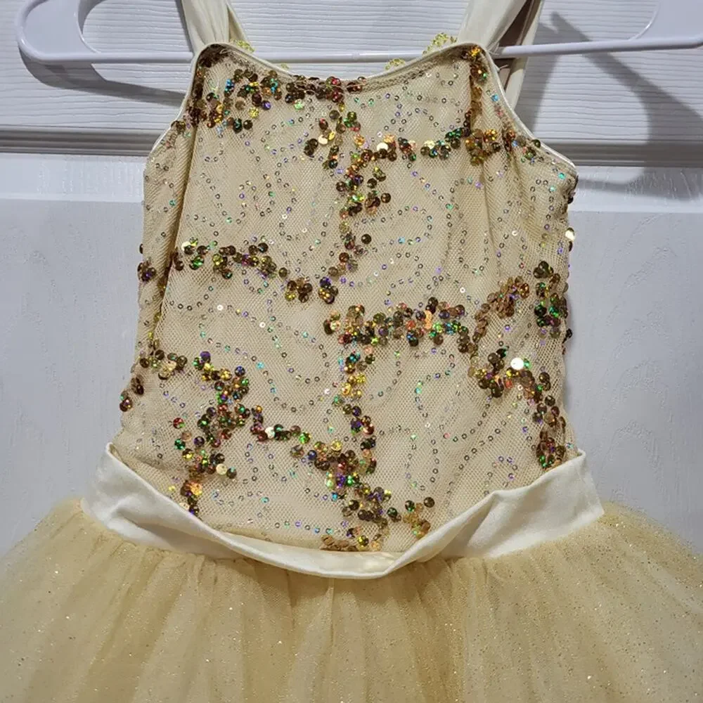 Beautiful ballerina costume Dress halloween pretend Gold tulle sequins sz LC